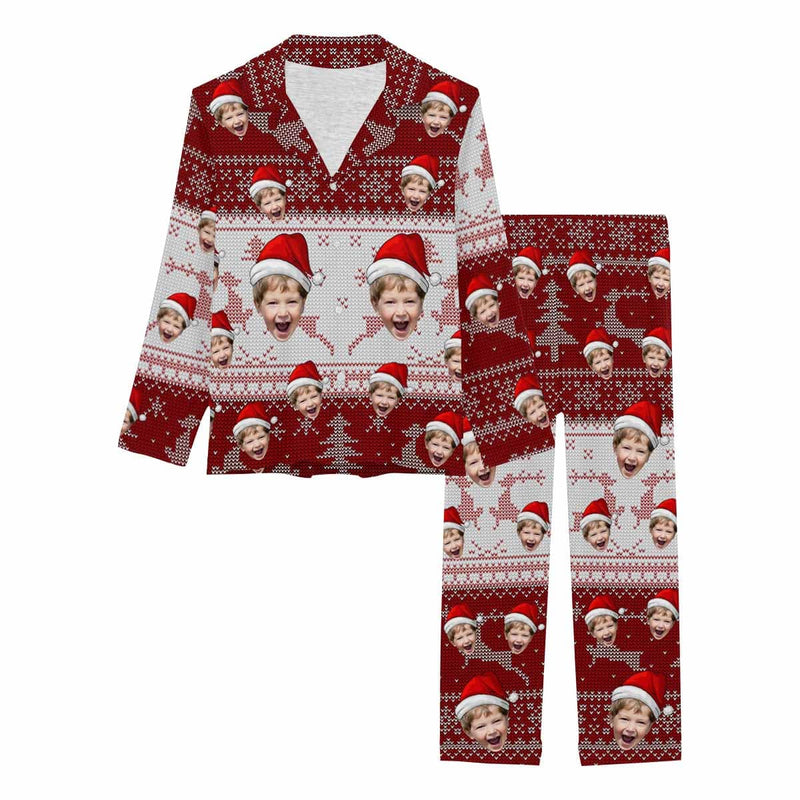 Custom Son Face Pajamas Red Christmas Hat Nightwear Personalized Women's Slumber Party Long Pajama Set