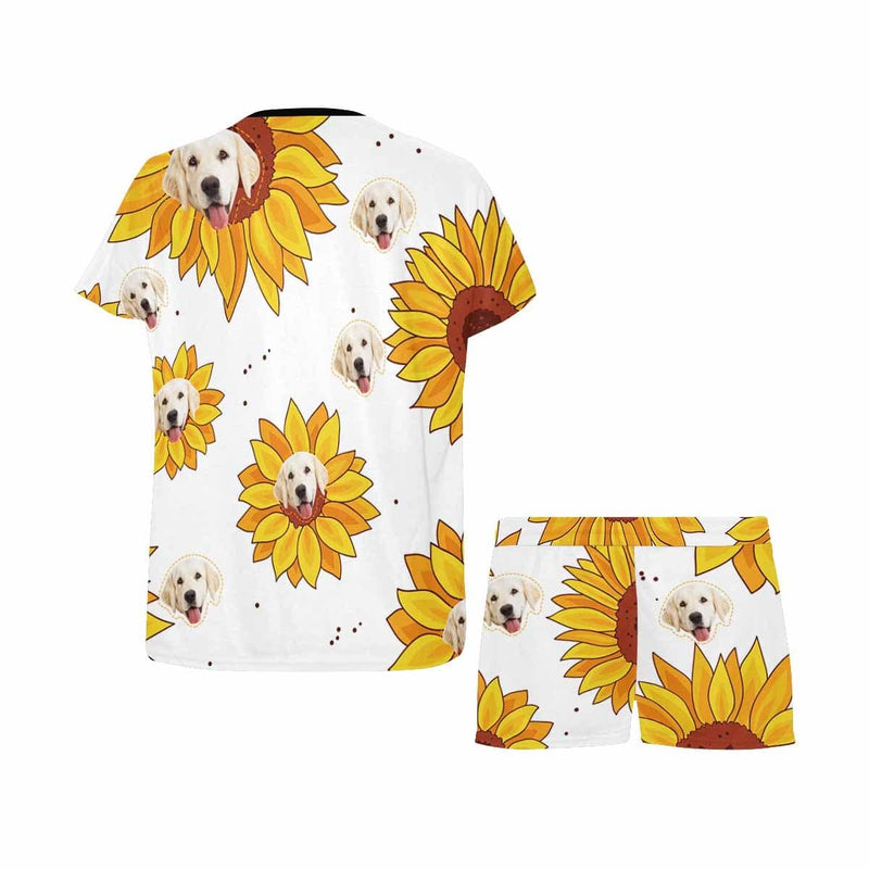 Custom Womens Short Pajamas Yellow Sunflower Loungewear Face Personalized Women's Short Pajama Set