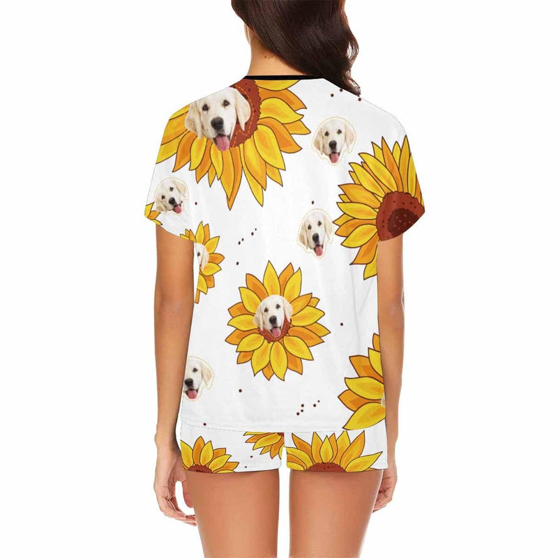 Custom Womens Short Pajamas Yellow Sunflower Loungewear Face Personalized Women's Short Pajama Set