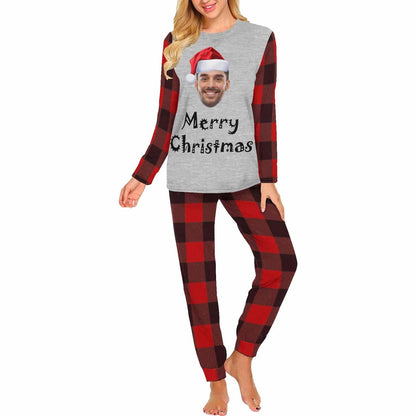 Face Pajamas Custom Face Red Plaid Red Christmas Hat Family Matching Long Sleeve Pajama Set Personalized Photo Loungewear