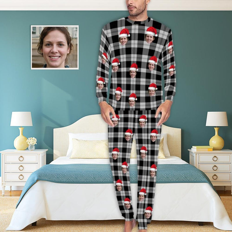 Personalized Christmas Pajamas Custom Face Black Grey Stripes Men's All Over Print Pajama Set