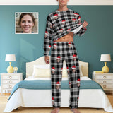 Christmas Pajamas Custom Face Black Grey Stripes Men's Pajama Set