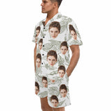 Personalized Couples Pajamas Summer Leaf Loungewear Custom Face Couple Matching V-Neck Short Pajama Set