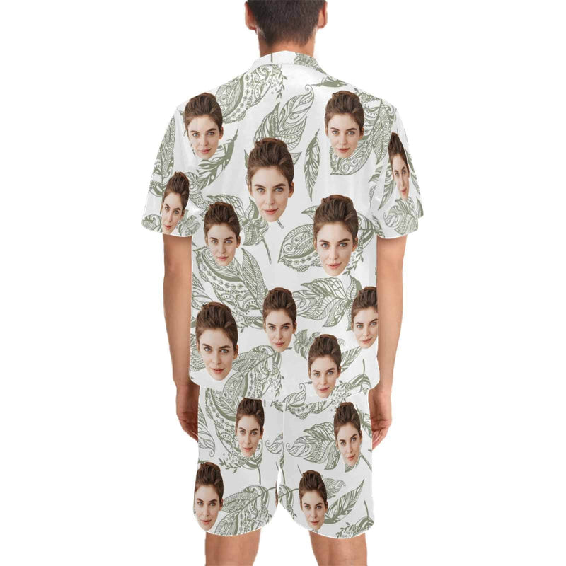 Personalized Couples Pajamas Summer Leaf Loungewear Custom Face Couple Matching V-Neck Short Pajama Set