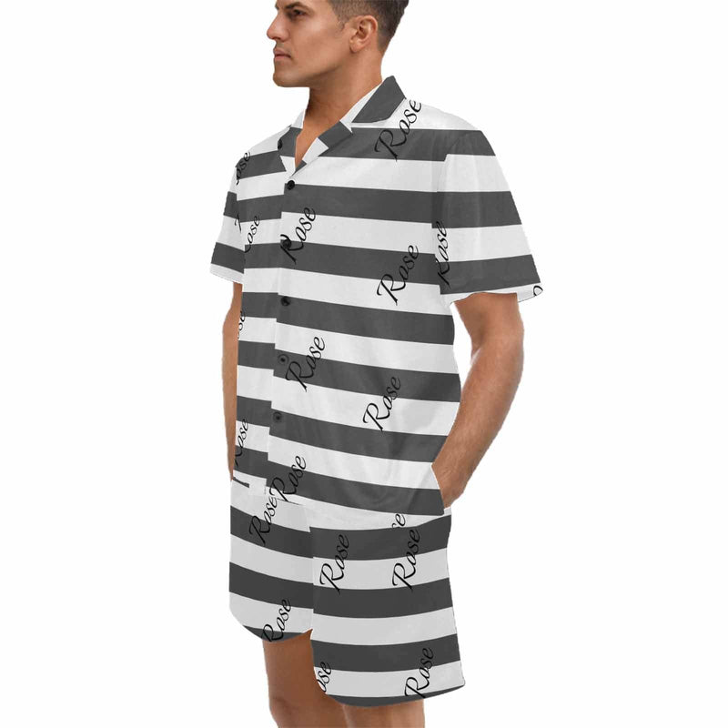 Personalized Name Pajamas for Men Summer Loungewear Custom Stripe Men's V-Neck Short Sleeve Pajama Set