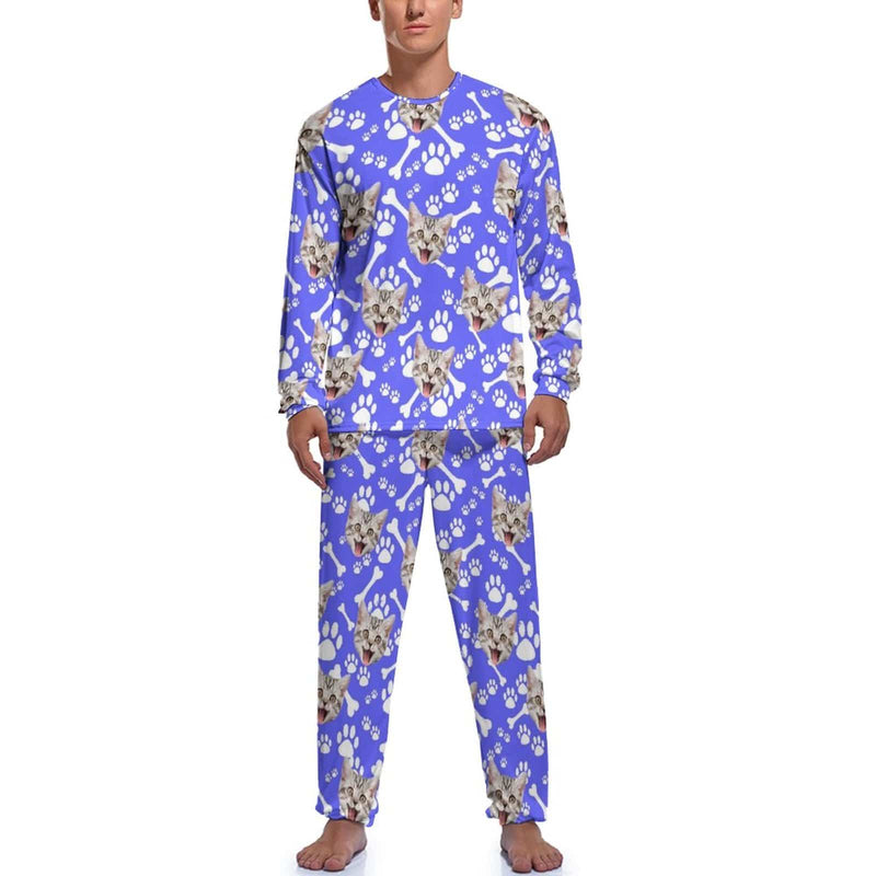 Custom Face Men's Long Sleeve Crewneck Pajamas Set Cat's Footprints Personalized Sleepwear Sets
