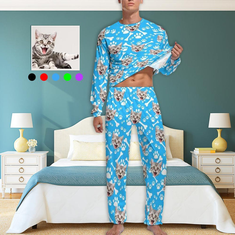 Personalized Photo Crewneck Long Pet Pajama Set Custom Face Cat's Footprints Men's Pajamas