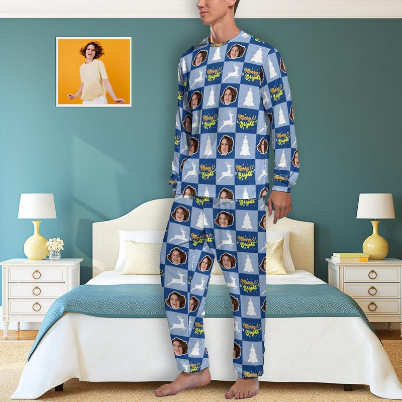 Personalized Photo Pajama Set Custom Face Christmas Tree Elk Print Men's Pajamas Sleep Or Loungewear For Him