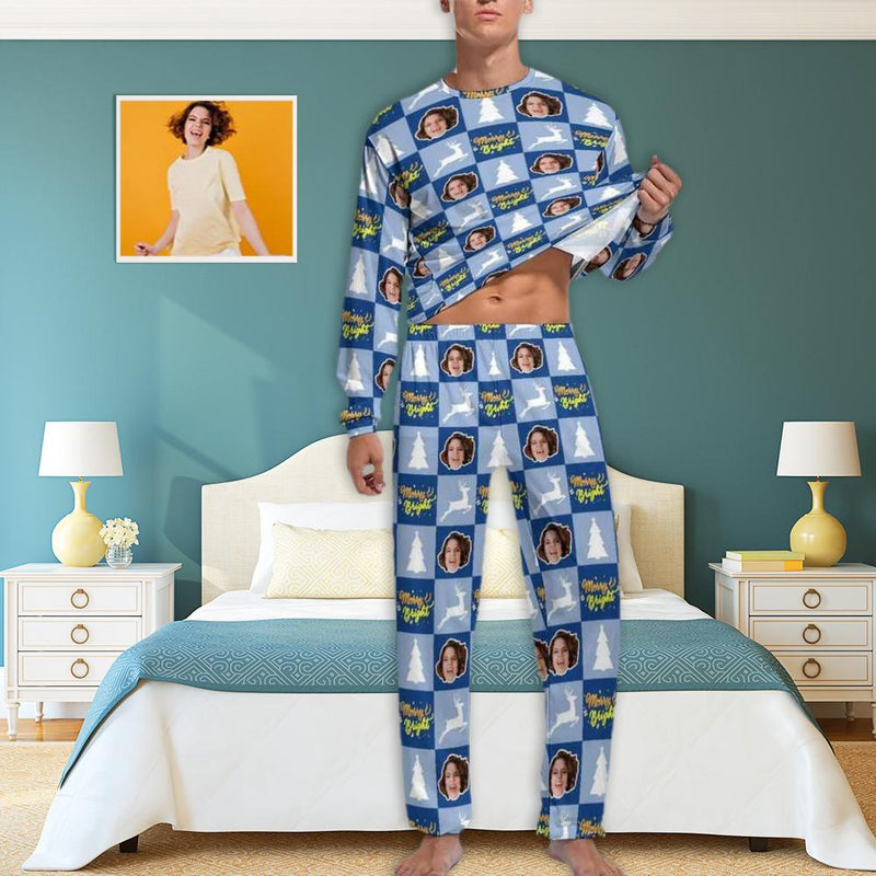 Photo Pajama Set Custom Face Christmas Tree Elk Print Men's Pajamas