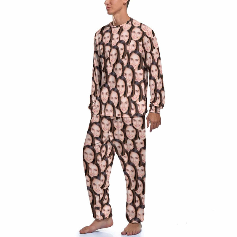Personalized Photo Pajamas for Men Custom Face Lover's Head Crewneck Long Pajama Set Gifts for Couples