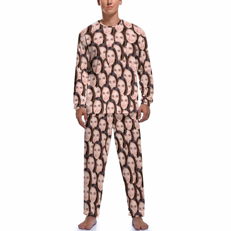 Personalized Photo Pajamas for Men Custom Face Lover's Head Crewneck Long Pajama Set Gifts for Couples