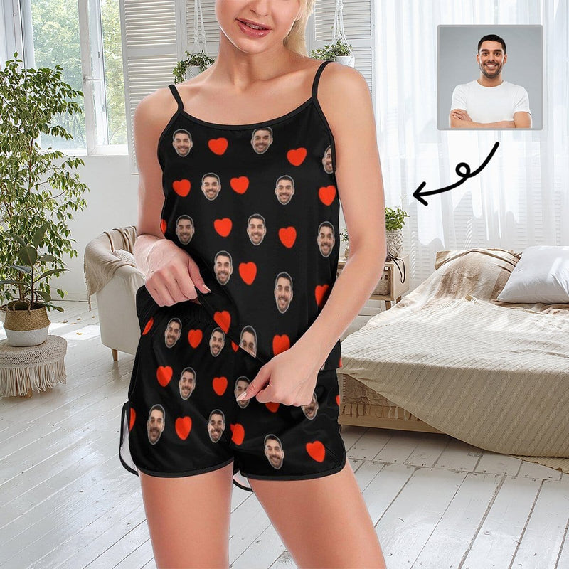 #Plus Size Pajama Set-Custom Boyfriend Face Sleepwear Personalized Women's Sexy Cami Pajama Set Honeymoon Gift