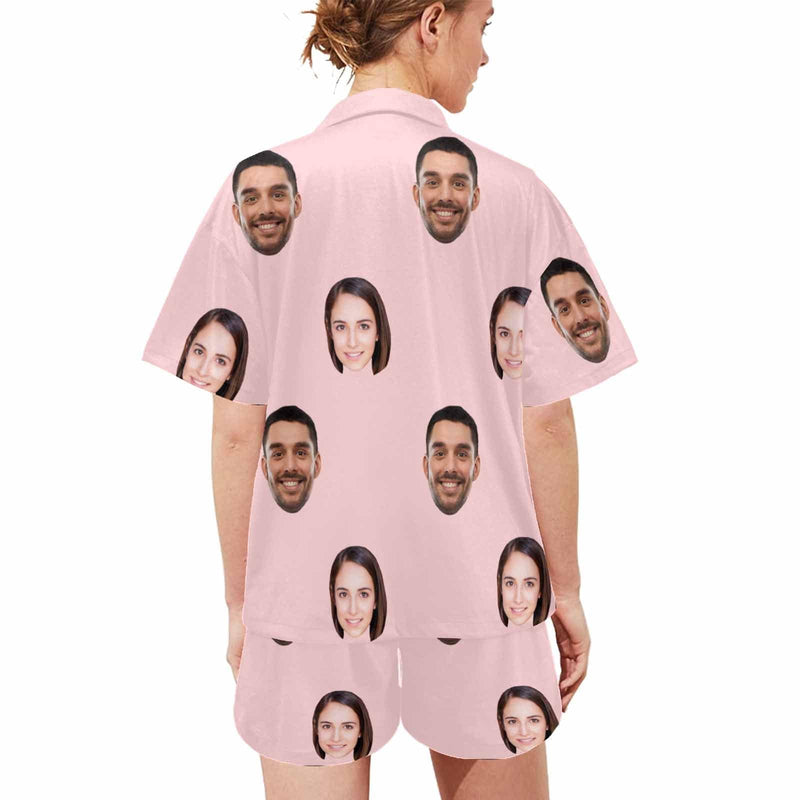 #Plus Size Pajama Set-[Up To 4 Faces] Custom Face Solid Color Loungewear Personalized Photo Sleepwear Women's V-Neck Short Pajama Set