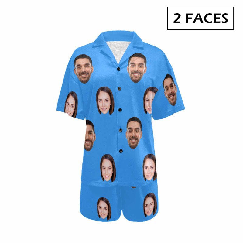 #Plus Size Pajama Set-[Up To 4 Faces] Custom Face Solid Color Loungewear Personalized Photo Sleepwear Women's V-Neck Short Pajama Set