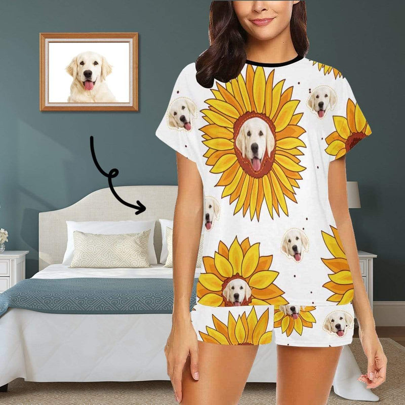 #Plus Size Pajamas-Custom Womens Short Pajamas Yellow Sunflower Loungewear Face Personalized Women's Short Pajama Set