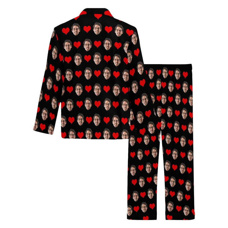 Soft Long Sleeve Pajamas for Men-Custom Face Red Heart Pajamas Personalized Men's V-Neck Long Sleeve Pajama Set Gift for Him