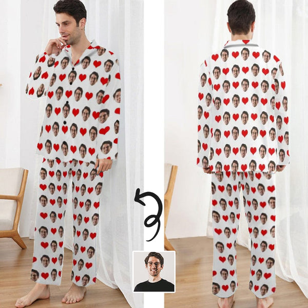 Custom Face Red Heart Pajamas Personalized Men's Long Pajama Set