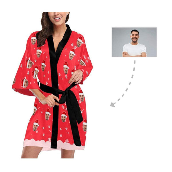 Special Christmas Sale Custom Boyfriend Face Christmas Red Women's Short Pajamas Funny Personalized Photo Pajamas Kimono Robe