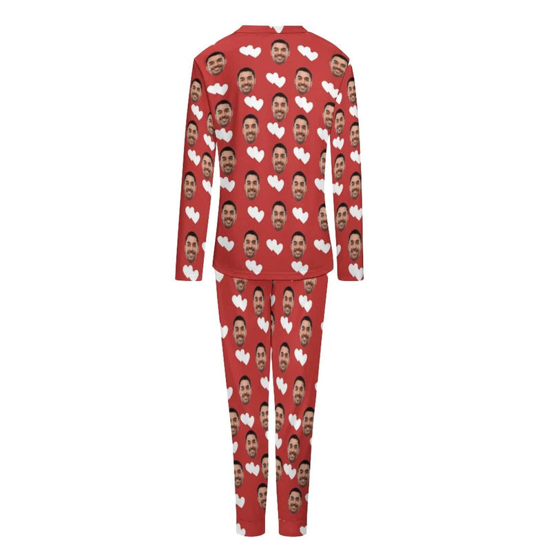 Special Christmas Sale Custom Boyfriend Face Pajamas Love Heart Christmas Hat Sleepwear Personalized Women's Crewneck Long Pajamas Set