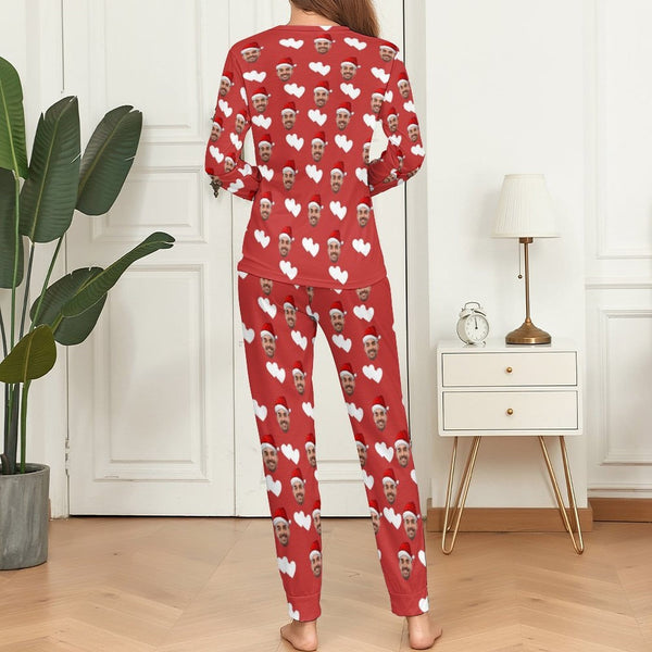 Special Christmas Sale Custom Boyfriend Face Pajamas Love Heart Christmas Hat Sleepwear Personalized Women's Crewneck Long Pajamas Set