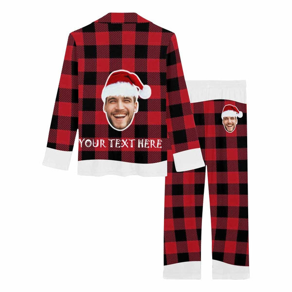 Special Christmas Sale Custom Boyfriend Face&Text Pajamas Christmas Grid Sleepwear Personalized Women's Long Pajama Set