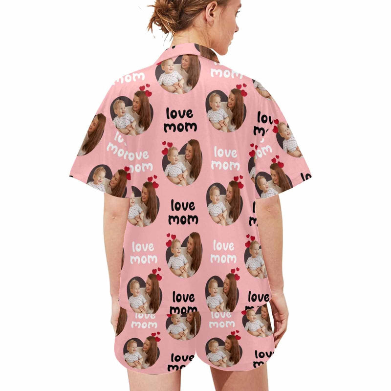 Custom Photo Love MOM Women's V-Neck Short Pajama Set Mother's Day & Birthday Gift
