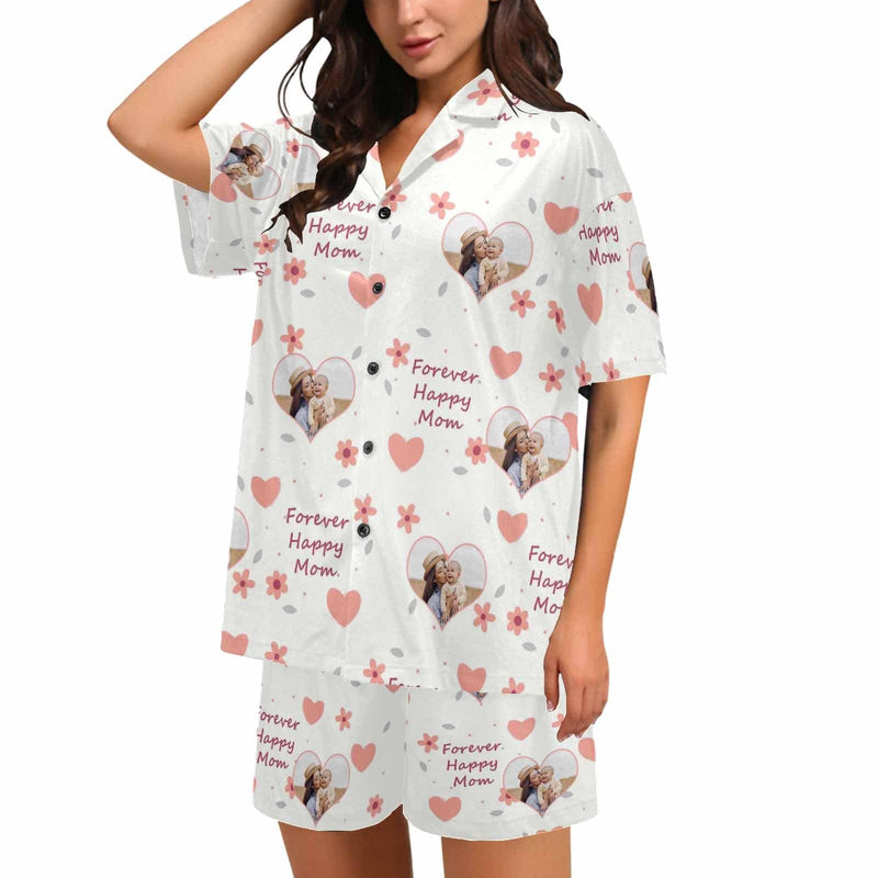 Custom Photo Pajamas Forever Happy MOM Sleepwear Personalized Women's V-Neck Short Pajama Set Mother's Day & Birthday Gift