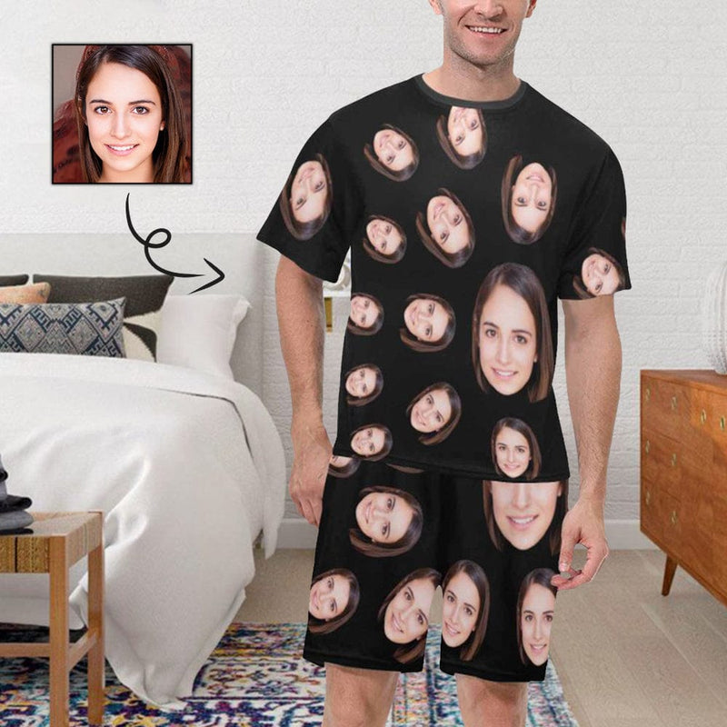 Personalized Black Pajamas Face Mens Sleepwear Short Sleeve Pajama Set