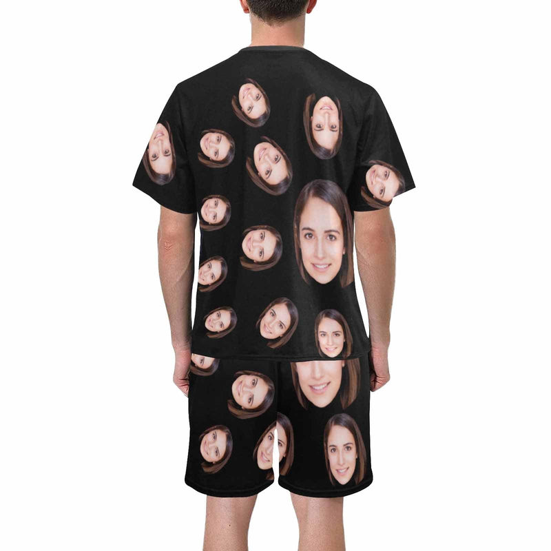 Custom Face Black Men's Pajama Set Personalized Crew Neck Short Sleeve Pajama Set