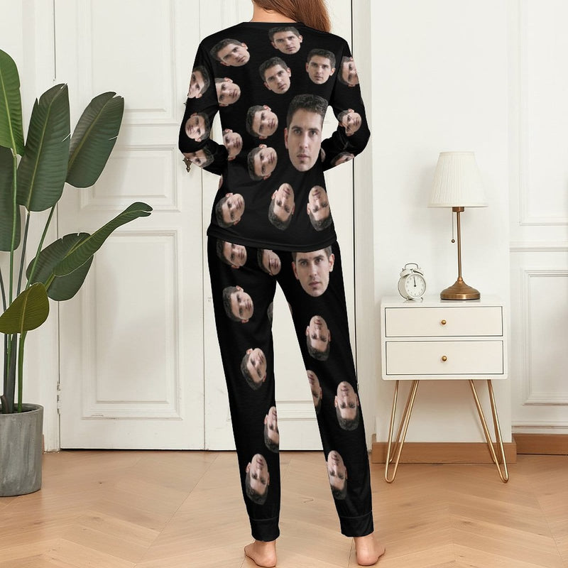 Personalized Pajamas Black with Girlfriend Face Men's Sleepwear Custom Men's Crew Neck Short Sleeve Pajama Set