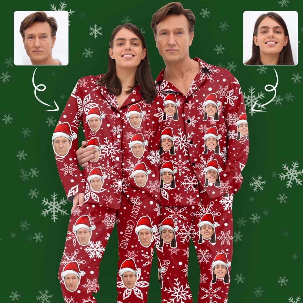 Custom Face Happy Christmas Red Background Long Pajama Set For Women