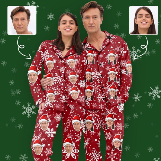 Custom Face Happy Christmas Red Background Long Pajama Set For Women