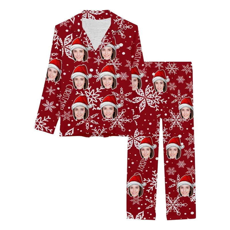 TikTok Hot Sale-10000+ 5 Star Praise Custom Face Happy Christmas Red Background Sleepwear Personalized Women's Slumber Party Long Pajama Set