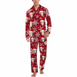 Personalized Couple Matching Long Pajama Set Custom Face Happy Christmas Red Sleepwear Slumber Party