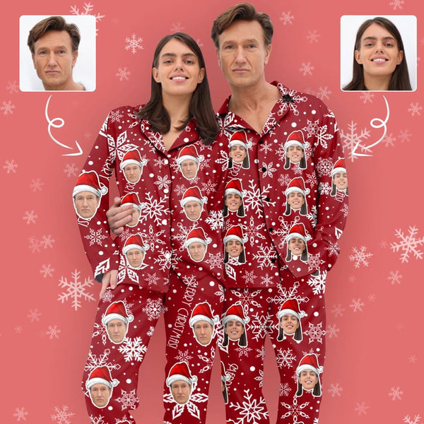 Custom Face Happy Christmas Red Background Sleepwear Personalized Women's Slumber Party Long Pajama Set