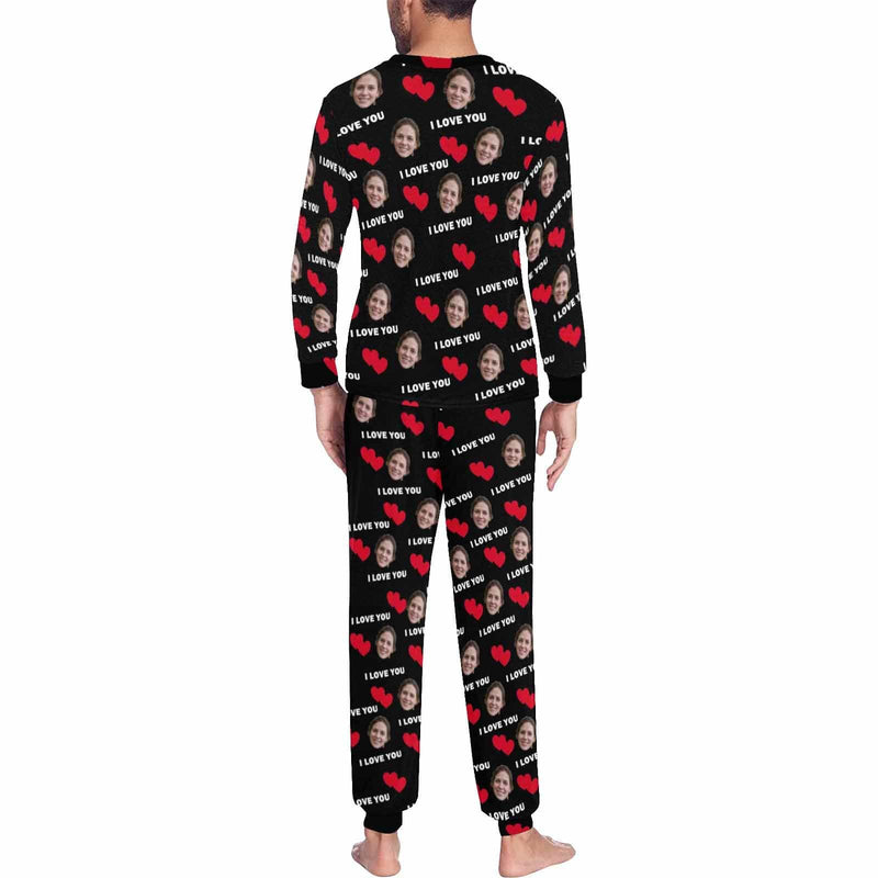Custom Face Black Couple Matching Pajamas I Love You Sleepwear Sets Funny Long Sleeve Nightwear