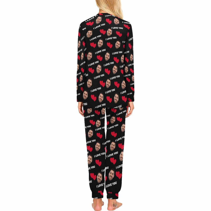 Custom Face Black Couple Matching Pajamas I Love You Sleepwear Sets Funny Long Sleeve Nightwear