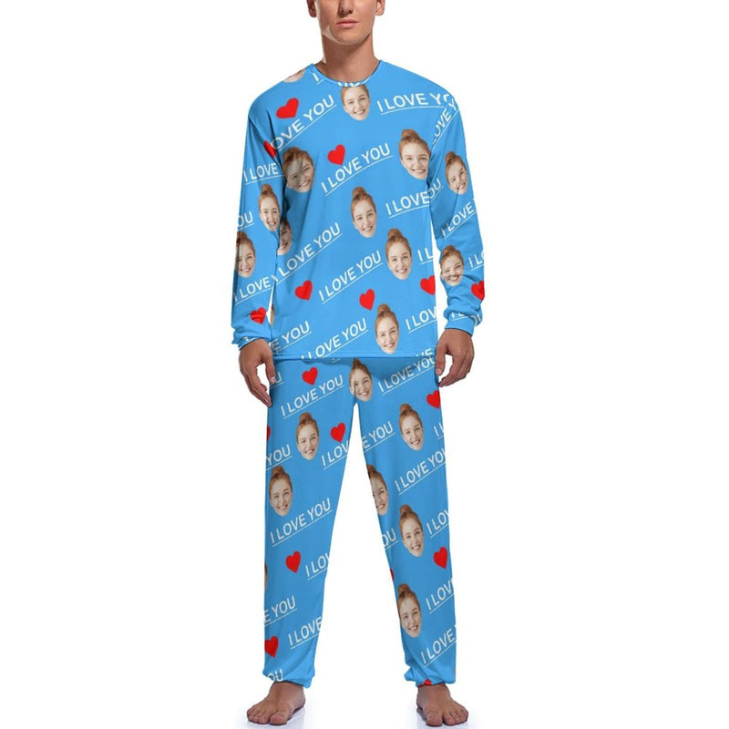 Custom Face Men's Long Sleeve Crewneck Pajamas Set I Love You Personalized Sleepwear Sets
