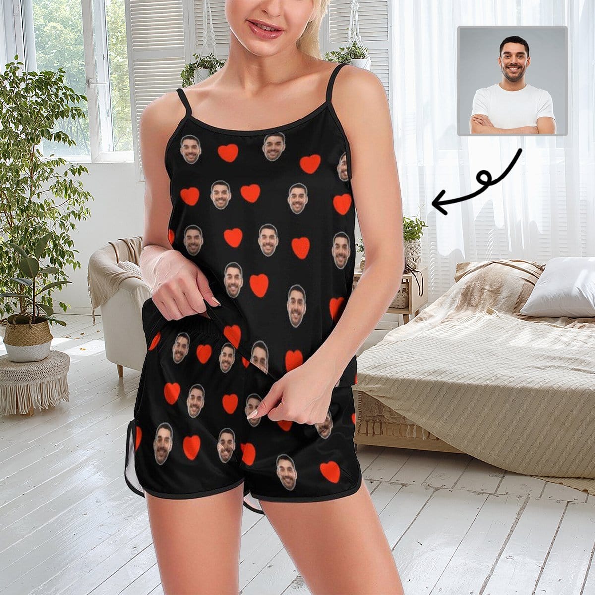 Custom Husband Face Cami Pajamas For Women With Love Black