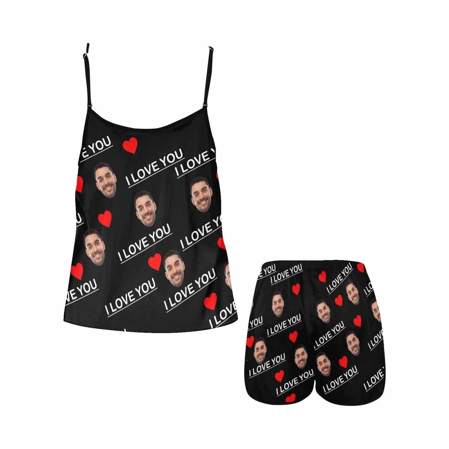 Custom Husband Face Cami Pajamas With Love Black Personalized Women's Sleepwear Set Honeymoon Gift