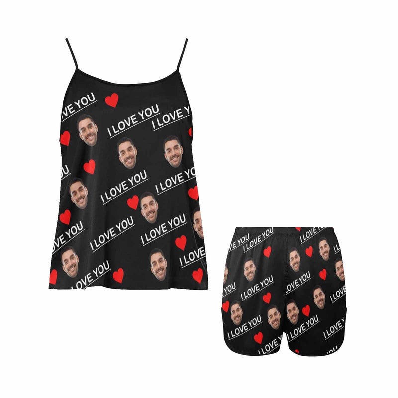 [TikTok Hot Selling] Custom Husband Face Cami Pajamas With Love Black Personalized Women's Sleepwear Set Honeymoon Gift