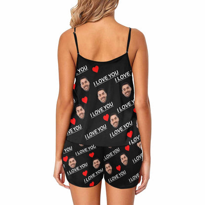 Custom Husband Face Cami Pajamas With Love Black Personalized Women's Sleepwear Set Honeymoon Gift