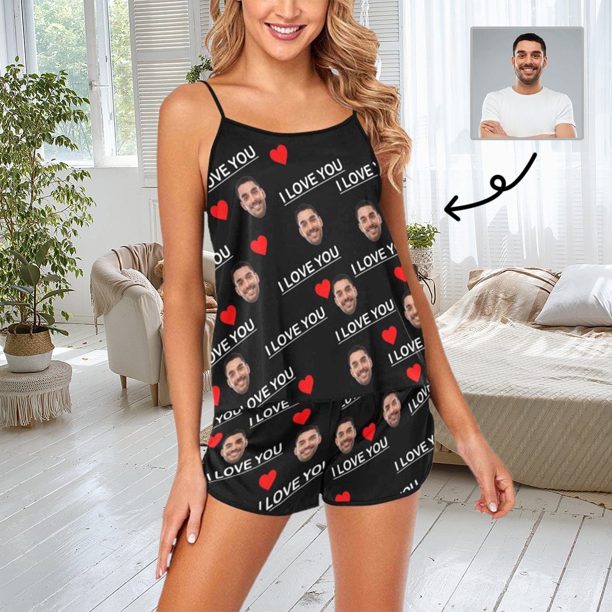 Custom Husband Face Cami Pajamas With Love Black Personalized Women's Sleepwear Set Honeymoon Gift