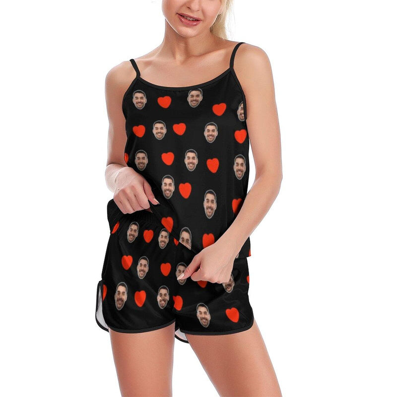 [TikTok Hot Selling] Custom Husband Face Sleeveless Nightshirt With Red Love & I Love You Personalized Women's Slumber Party Sexy Cami Pajamas Set