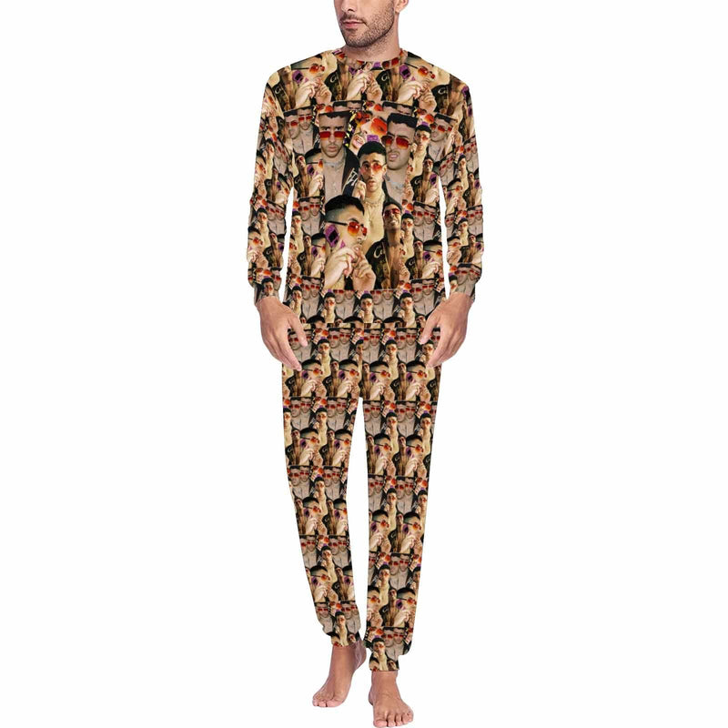 Custom Photo BAD BUNNY Same Style Men's Pajamas Personalized Photo Crewneck Long Pajama Set