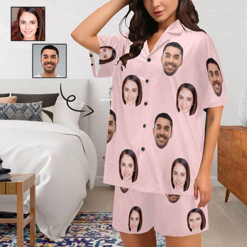 [Up To 4 Faces] Custom Face Pajama Set Solid Color Loungewear Personalized Photo Sleepwear Women's V-Neck Short Pajama Set