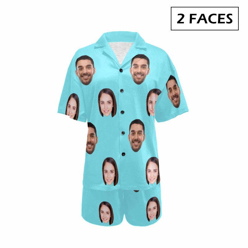 [Up To 4 Faces] Custom Face Pajama Set Solid Color Loungewear Personalized Photo Sleepwear Women's V-Neck Short Pajama Set