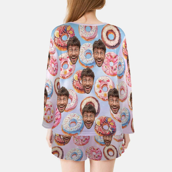 Custom Face Donut Pajama Set Personalized Women's Long Sleeve Top and Shorts 2 Piece Loungewear