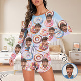 Custom Face Donut Pajama Set Personalized Women's Long Sleeve Top and Shorts 2 Piece Loungewear