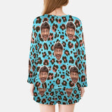 Custom Face Leopard Pajama Set Personalized Women's Long Sleeve Top and Shorts 2 Piece Loungewear